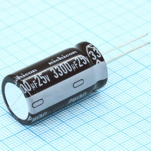 UPW1E332MHD, Конденсатор алюминиевый электролитический 3300мкФ 25В ±20% (16 X 31.5мм) радиальный 7.5мм 3010мА 8000час 105°С автомобильного применения россыпь