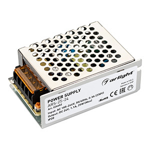 Блок питания ARS-25-24 (24V, 1.1A, 25W) 026682, Источник напряжения с гальванической развязкой для светодиодных изделий. Входное напряжение 185-264 VAC. Выходные параметры: 24 В, 1,1 А, 25 Вт. Встроенный PFC >0,5. Негерметичный алюминиевый сетчатый корпус IP 20. Габаритные размеры длина 85 мм, ширина 5