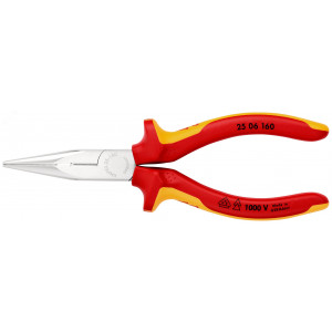 Диэлектрические длинногубцы KN-2506160, Длинногубцы с прямыми, полукруглыми, длинными губками, с режущей кромкой, с изолированными многокомпонентными рукоятками, испытанными на соответствие нормам VDE, длина 160мм