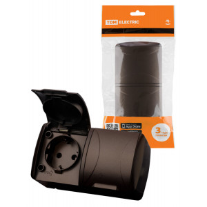 Розетка двойная 2П+3 открытой установки IP54 16А с крышкой шоколад "Селигер" SQ1818-0214