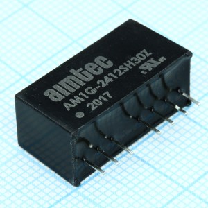 AM1G-2412SH30Z, DC/DC, 1Вт, вход 18…36В, выход 12В/0.083А, изоляция 3000В DC, КПД 75%, максимальная емкостная нагрузка не более 470мкФ, вход On/Off, SIP8, 21.85x9.2x11.1мм, -40…85°C, пластик