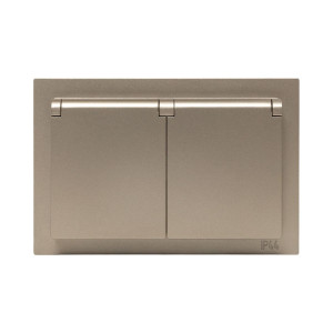 Механизм розетки двойной, 16А, IP44, с заземлением, со шторками, с рамкой, с крышками, шампань Эпика EKF UP1-SOC-211-44