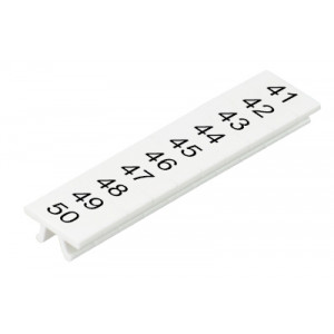 Маркировка для клемм (полоска) M1.008.0103.9, Маркировочные шильдики, для клемм сечением 1,5 мм.кв., WKF 1.5, верхняя, 10 шильдиков, нанесенные символы: 41...50, с горизонтальным расположением, размер шильдика: 4 x 10,5 мм, цвет: белый