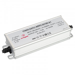 Блок питания ARPV-24150-A1 (24V, 6.25A, 150W) 034209, Источник напряжения с гальванической развязкой для светодиодных изделий. Входное напряжение 200-240 VAC. Выходные параметры: 24 В, 6.25 А, 150 Вт. Встроенный PFC >0.5. Герметичный алюминиевый корпус IP 67. Рабочая температура -40…+70C?. Габаритные размеры