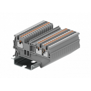 Проходная клемма TP1.5-3-GY, Проходная клемма, 3 точки подключения, тип фиксации провода: Push-in, номинальное сечение: 1.5 мм кв., 17,5A, 500V, ширина: 3,5 мм, цвет: серый, тип монтажа: DIN35