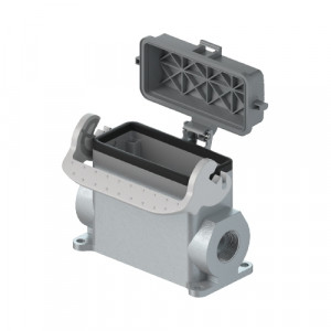 Закрытое основание разъема BAS GUT GR 24HM32 A1, Основание разъема на панель, закрытое, типоразмер 24B, высокое исполнение, с уплотнителем, 2 отверстия с резьбой для кабельных вводов M32x1,5, с одной защелкой, с пластиковой защитной крышкой, материал корпуса: алюминиевый сплав