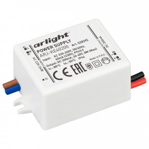 Блок питания ARJ-KE40200 (8W, 200mA, PFC) 028395, Источник тока с гальванической развязкой для светильников и мощных светодиодов. Входное напряжение 220-240 VAC. Выходные параметры: 26-40 В, 200 mА, 8 Вт. Встроенный PFC >0,95. Негерметичный пластиковый корпус IP 20.