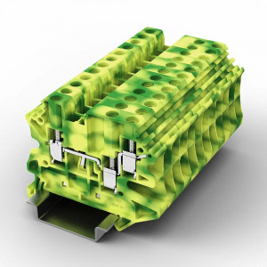 Заземляющая клемма UUK-4/1-2PE, Заземляющая клемма, 3 точки подключения, тип фиксации провода: винтовой, номинальное сечение: 4 мм кв., 500V, ширина: 6,2 мм, цвет: желто-зеленый, тип монтажа: DIN35