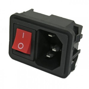 AC-002 (RED), Разъем питания серии AC, вилка 3-х полюсная с выключателем, на защелках, 10А 250В, красный цвет клавиши