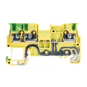 Клемма WTP 1,5 D1/2 PE, Заземляющая клемма, 3 точки подключения, тип фиксации провода: push-in, номинальное сечение: 1,5 мм кв., 17,5A, 500V, ширина: 3,5 мм, цвет: желто-зеленый, тип монтажа: DIN 35