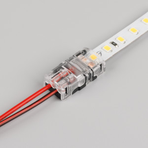 Коннектор HIP-MONO-8-2pin-STW 032235, Одиночный коннектор (без провода) для подключения питания к одноцветным открытым лентам шириной 8 мм. Очистка провода питания (0,34-0,75 мм2) от изоляции не требуется. Материал - прозрачный пластик. Максимальный допустимый ток 3 А, напряжение 3-24 В. Цена