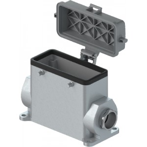 Закрытое основание разъема BAS GUT GH 16HM32 A0, Основание разъема на панель, закрытое, типоразмер 16B, высокое исполнение, с уплотнителем, 1 отверстие с резьбой для кабельных вводов M32x1,5, с правым расположением, без защелок (упоры для двух защелок), с защитной крышкой, материал корпуса: алюминиевый