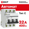 Выключатель автоматический модульный 3п C 32А 4.5кА ВА 47-29 Basic EKF mcb4729-3-32C