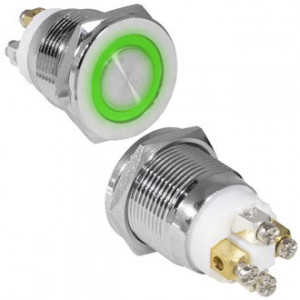 GQ19PF-10E/G/N OFF-(ON), Антивандальная кнопка металлическая без фиксации с кольцевой зеленой подсветкой, посадочная резьба М19, контакты под винт