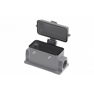 Закрытое основание разъема S16B-SM-4B-2PG21-PC, Основание разъема на панель, закрытое, типоразмер 16B, с уплотнителем, 2 отверстия с резьбой для кабельных вводов PG21, без защелок (упоры для двух защелок), с защитной крышкой, материал корпуса: алюминиевый сплав