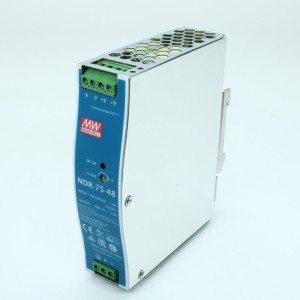 NDR-75-48, Преобразователь AC-DC на DIN-рейку  77Вт, вход 90…264V AC, 47…63Гц /127…370В DC, выход 48В/1.6A, рег. вых 48…55В, изоляция 3000В AC, в кожухе  32х125.2х102мм, -20…+60°С