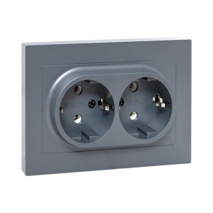 Механизм розетки двойной, 16А, с заземлением, без шторок, с рамкой, графит Эпика EKF UP1-SOG-210