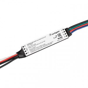 Контроллер SMART-K46-RGB-PUSH-SUF (12-24V, 3x1A, 2.4G) 028440, Миниатюрный контроллер для RGB светодиодной ленты (ШИМ). Питание/рабочее напряжение 12-24VDC, максимальный ток 1A на канал, 3 канала, максимальная мощность 36-72W. Поддерживает функцию Push-Dim. Габариты 60x14x6 мм. Совместим с пультами и панелями SMART,