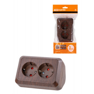 Розетка угловая двойная 2П+3 открытой установки с з/ш IP20 250В 16А бук "Ладога" SQ1801-0343