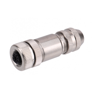 Розеточный разъем на кабель, M12, M12A03FBSFWSC406002, Розеточный разъем на кабель, 3 полюса, M12, фиксация провода пайкой, прямой (180 град.), A-Code, сечение проводников: 0,14 - 0,75 мм кв., 4A, 250V, диаметр кабеля: 4,0-6,0 мм, материал корпуса: медный сплав, никелированное покрытие резьбовое соединение