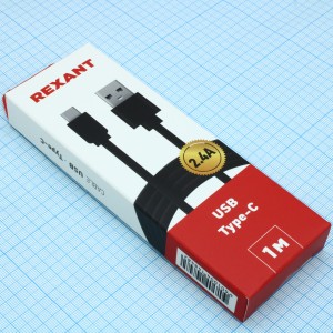 Шнур USB-Type-C, 2,4A.,PVC,плоский шнур,1метр,черный
