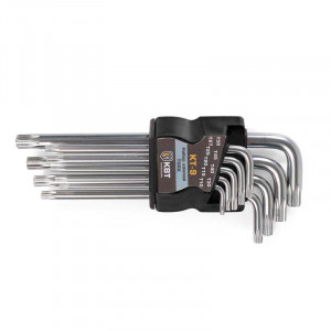 Набор ключей TORX КТ-9 (Т10-Т50) серия KBT-PROFESSIONAL, предназначен для монтажа крепежных изделий с внутренним профилем TORX, в том числе и в антивандальном исполнении, в наборе 9 ключей с типоразмерами Т10/T15/T20/T25/T27/T30/T40/T45/T50