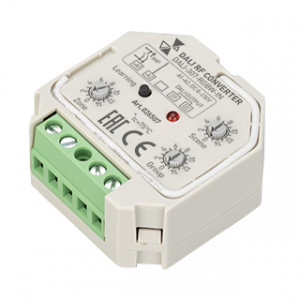 INTELLIGENT ARLIGHT Конвертер RF-сигнала DALI-307-RGBW-IN (DALI-BUS, RF, PUSH) 026507, Мультизональный RGBW-конвертер радиосигнала для шины DALI. Предназначен для использования с RGBW-пультами серии SR-1009*. Питание по шине DALI. Количество зон управления определяется используемым ПДУ. Размер 45.5x45x20.3 мм.