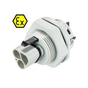 Вилочный разъем в панель EX RST20I3SXS1 M01V GL, Взрывозащищенный вилочный разъем в панель, М25, IP68(69k), 3 полюса, винтовая фиксация провода, номинальные характеристики: 250/400V, 20A, цвет: белый, серия RST Ex