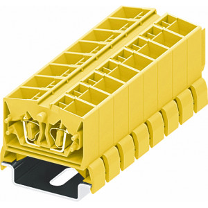 Проходная клемма (MINI) 254385, Проходная клемма, MINI, верхний подвод кабеля, 4 точки подключения, тип фиксации провода: пружинный, номинальное сечение: 2,5 мм кв., 24A, 800V, ширина: 10 мм, цвет: желтый, тип монтажа: DIN35