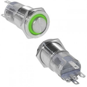LAS2GQPH-11ZE/G/N ON-ON, Кнопка антивандальная металлическая с фиксацией с кольцевой зеленой подсветкой, 3А 250В, резьба М16