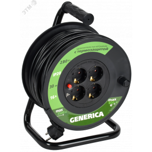 Удлинитель на катушке 4х30м 16А IP20 УК30 2P+PE 3х1.5 термозащита GENERICA WKP20-16-04-30-G