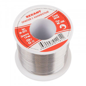 Припой с канифолью ПОС-60 250г,1.0мм, Припой трубчатый с канифолью REXANT, 250 г, d1.0 мм, (олово 60%, свинец 40%), катушка