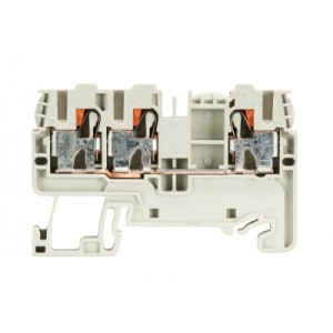 Проходная клемма WTP 2,5/4 D1/2, Проходная клемма, 3 точки подключения, тип фиксации провода: Push-in, номинальное сечение: 2,5/4 мм кв., 32A, 800V, ширина: 5 мм, цвет: серый, тип монтажа: DIN35