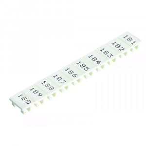 Маркировка для клемм (полоска) 9705A/8/10B 181-190, Маркировочные шильдики, для клемм сечением 6 мм.кв., боковая / верхняя, 10 шильдиков,нанесенные символы:181…190,с горизонтальным расположением, размер шильдика: 5,75 x 8,3 мм, цвет: белый