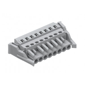 Розеточный разъем на кабель 450103/150, Розеточный разъем, прямой, на кабель, шаг: 5.0 мм, 3 полюса, фиксация провода пружинная, исполнение: с защелкой и разгрузкой от натяжения, 320V, 12A, цвет: серый