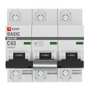 Автоматический выключатель 3P 63А (C) 10kA ВА 47-100 EKF Basic mcb47100-3-63C-bas