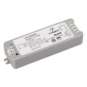 Диммер SMART-D1-DIM (12-36V, 0/1-10V) 023061, Диммер для одноцветных источников света (0/1-10V). Питание/рабочее напряжение 12-36VDC, входной/выходной ток 8А, выходная мощность 96-288W. Корпус - PVC. Габариты 97х33х18 мм.