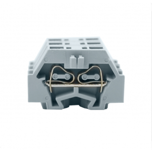 Проходная клемма (MINI) JUT3-1.5F-GY, Проходная клемма, MINI, боковой подвод кабеля, 2 точки подключения, тип фиксации провода: пружинный, номинальное сечение: 1,5 мм кв., 18A, 400V, ширина: 5 мм, цвет: серый, тип монтажа: монтажная пластина