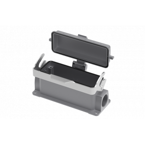 Закрытое основание разъема S24B-SM-1L.M-M25-MC, Основание разъема на панель, закрытое, типоразмер 24B, с уплотнителем, 1 отверстие с резьбой для кабельных вводов M25x1,5, с одной защелкой, с защитной крышкой, материал корпуса: алюминиевый сплав