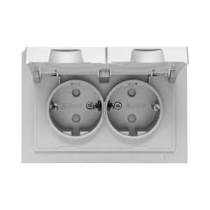 Механизм розетки двойной, 16А, IP44, с заземлением, со шторками, с рамкой, с крышками, алюминий Эпика EKF UP1-SOA-211-44