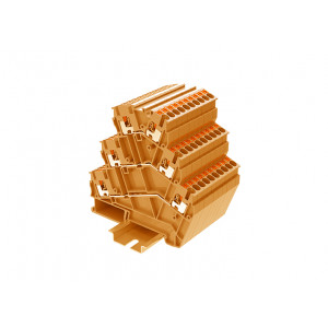 Этажная клемма TPTS2.5-2-OG, Этажная клемма, 3 этажа, угловая, тип фиксации провода: Push-in, номинальное сечение: 2,5 мм кв., 20A, 500V, ширина: 5,2 мм, цвет: оранжевый, тип монтажа: DIN35