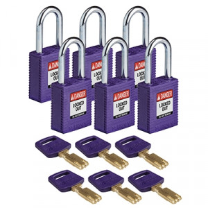 gws150362, Замки SafeKey нейлоновые со стальной дужкой, высота дужки – 38 мм, диаметр дужки – 6.4 мм, нейлоновый корпус, размеры корпуса – 46х38х19 мм, цвет – фиолетовый, 6 шт/упак