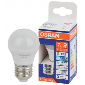 Лампа светодиодная LED 7Вт Е27 6500К 600Лм шар 220В (замена 60Вт) OSRAM 4099854186578