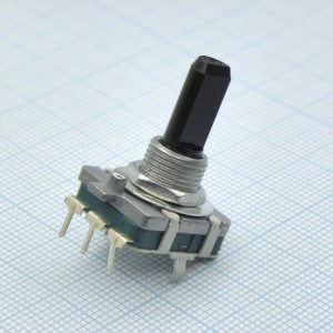 PEC16-4220F-N0024, Энкодер PEC16, 24 щелчка, 24 импульса, пластмассовый вал с лыской 20мм, горизонтальные выводы, крепление на гайку 9мм без крепежа