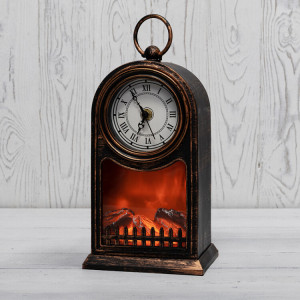 Светодиодный камин Старинные часы с эффектом живого огня 14,7x11,7x25 см, бронза, батарейки 2хС (не в комплекте) USB 511-021