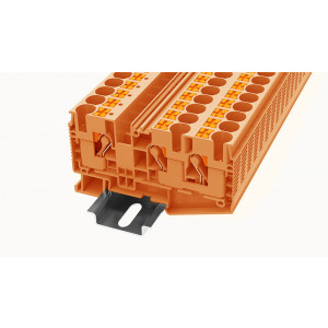 Проходная клемма DS10-TW-01P-15, Проходная клемма, 3 точки подключения, тип фиксации провода: Push-in, номинальное сечение: 10 мм кв., 57A, 1000V, ширина: 10,2 мм, цвет: оранжевый, тип монтажа: DIN35, втычная перемычка,