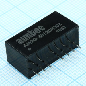 AM2G-4812DH30Z, DC/DC, 2Вт, вход 36…72В, выход ±12В/±0.083А, изоляция 3000В DC, КПД 79%, максимальная емкостная нагрузка не более ±220мкФ, вход On/Off, SIP8, 21.85x9.2x11.1мм, -40…85°C, пластик