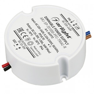 Блок питания ARJ-SP-351050-PFC-TRIAC-R (36W, 23-35V, 1050mA) 040972, Диммируемый источник тока по стандарту TRIAC с гальванической развязкой для светильников и мощных светодиодов. Входное напряжение 220-240 VAC. Выходные параметры: 23-35 В, 1050 mА, 36 Вт. Встроенный PFC >0,92. Негерметичный пластиковый корпус IP 44.
