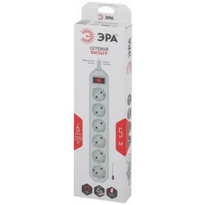 Сетевой фильтр USF-6es-5m-W с базовой защитой с заземлением с выключателем 6 розеток 5м 10А белый Б0037264