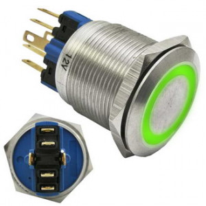 GQ22-11ZE/G/N ON-OFF+OFF-ON, Антивандальная кнопка металлическая с фиксацией, посадочная резьба М22, контакты под пайку, с подсветкой